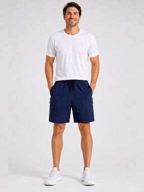 Santiny Men’s XL Navy Performance Cargo Shorts Athletic Hiking Zip Pocket